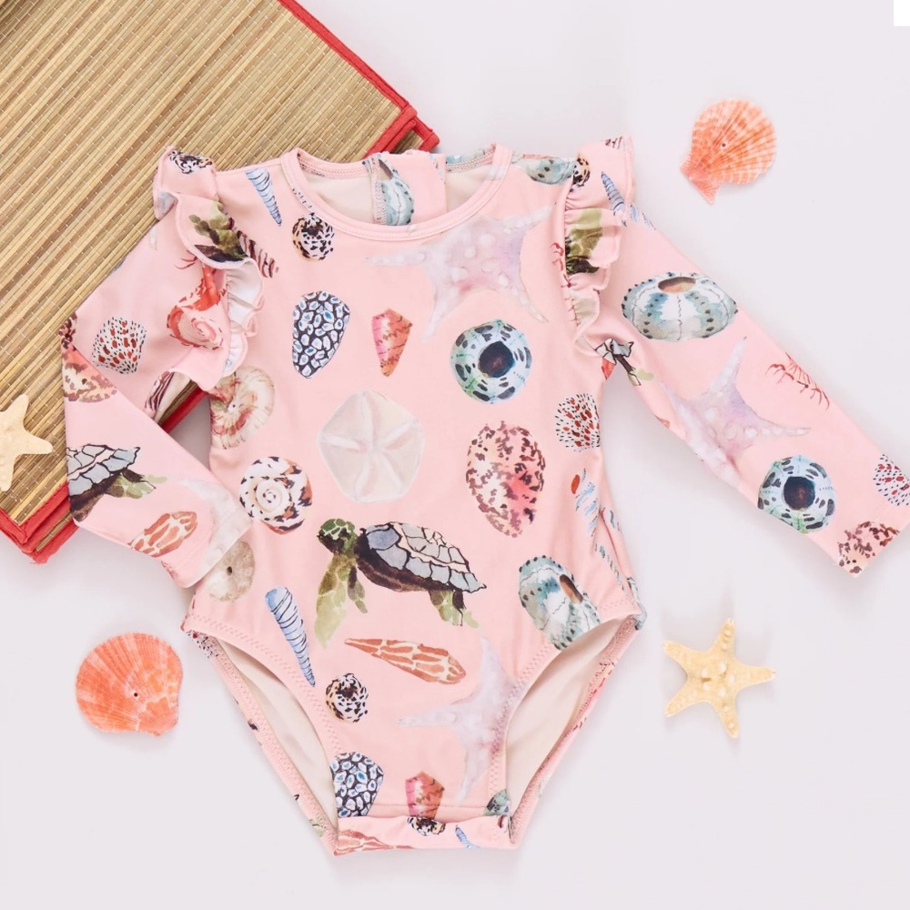 NWT Pink Chicken Girls Rachel Suit in Pink Watercolor Shells 2T Swim